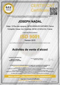 Le certificat ISO 9001 version 2015 de la société Nadal Alcools