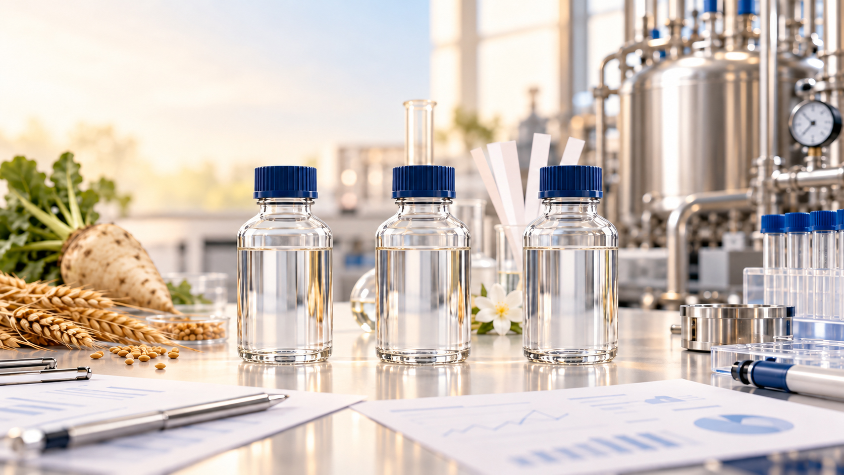 Trois flacons transparents devant des matières agricoles, des touches à parfum et des équipements de laboratoire.
