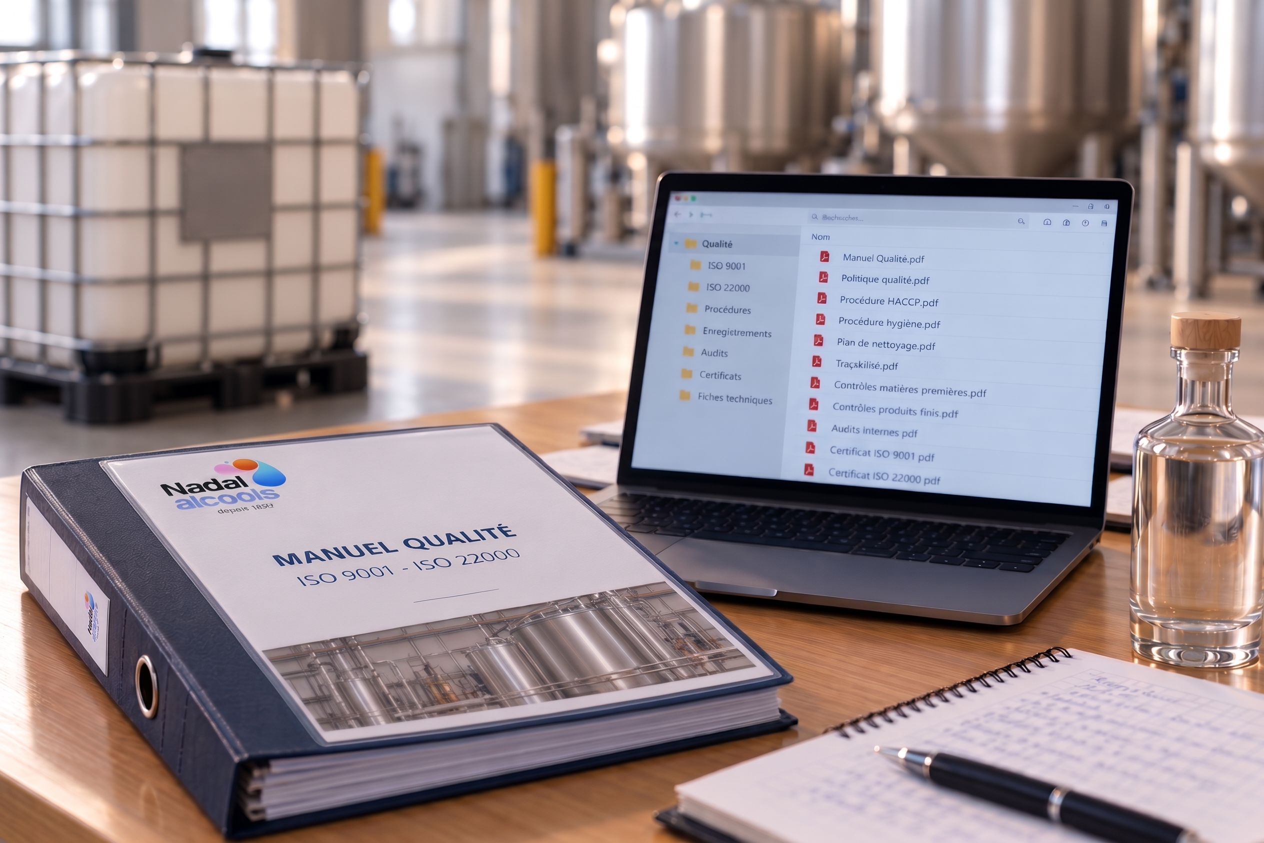 Classeur qualité Nadal Alcools et documentation numérique ISO 9001 et ISO 22000, dans un environnement de stockage d’alcool.